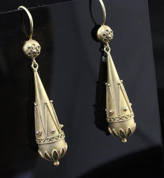 A pair of Victorian style unmarked gold drop earrings, overall 2in.